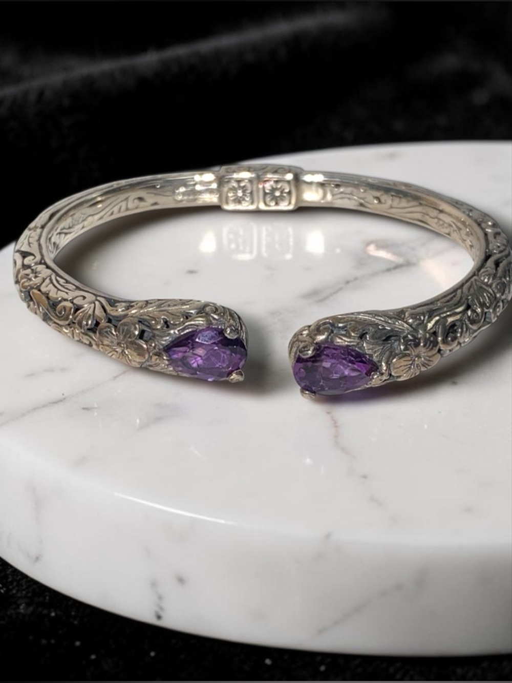 Estate Embossed Sterling Silver 925 Amethyst Cuff Hinged Bangle Bracelet! - Picture 10 of 16
